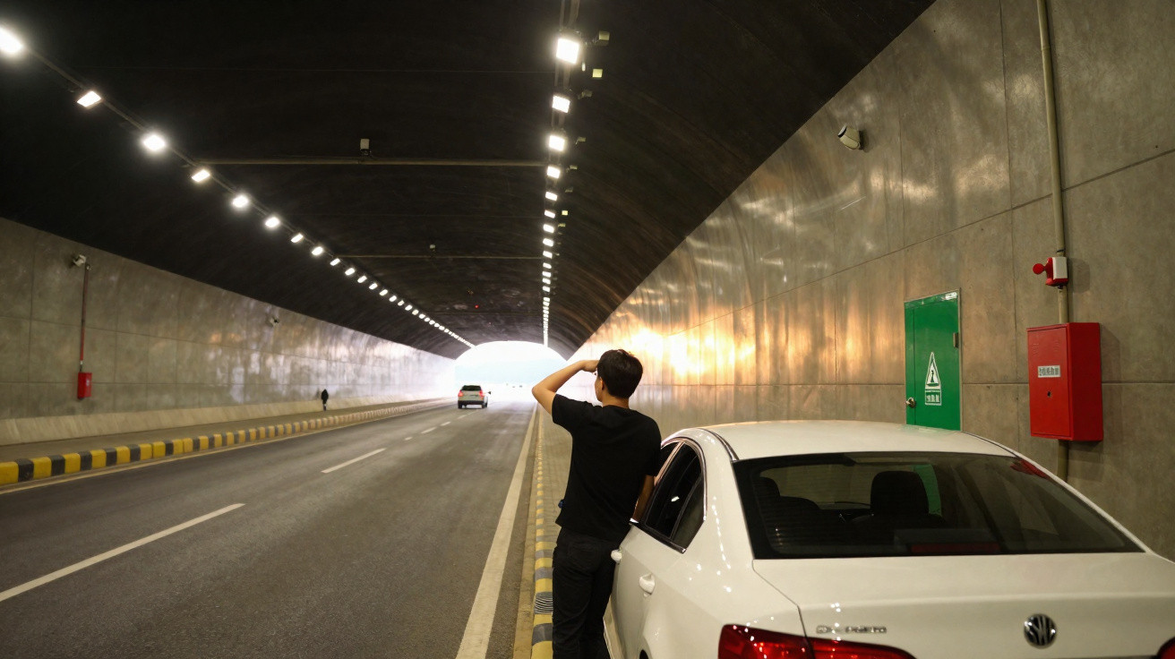 Homem junto a carro branco parado numa berma dentro de túnel iluminado, olhando ao longe para saída clara.