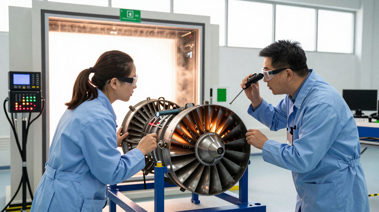 Dois técnicos em batas azuis analisam uma turbina de jato num laboratório industrial moderno.