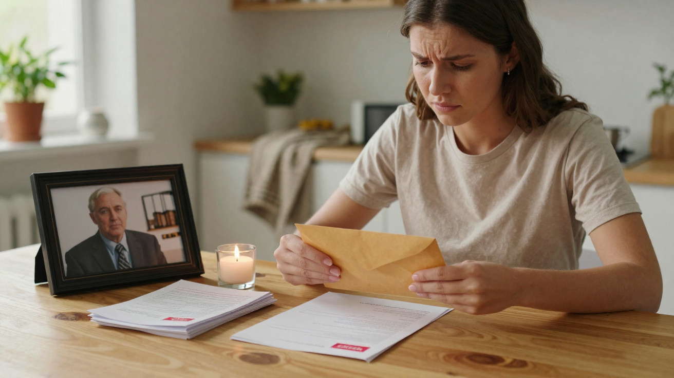 Mulher triste a ler carta sentada à mesa com vela e foto de homem em moldura ao lado.