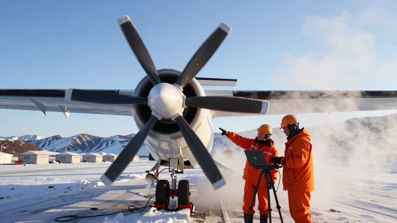 Dois técnicos em fato laranja inspecionam e analisam dados junto a um avião com hélice na neve.