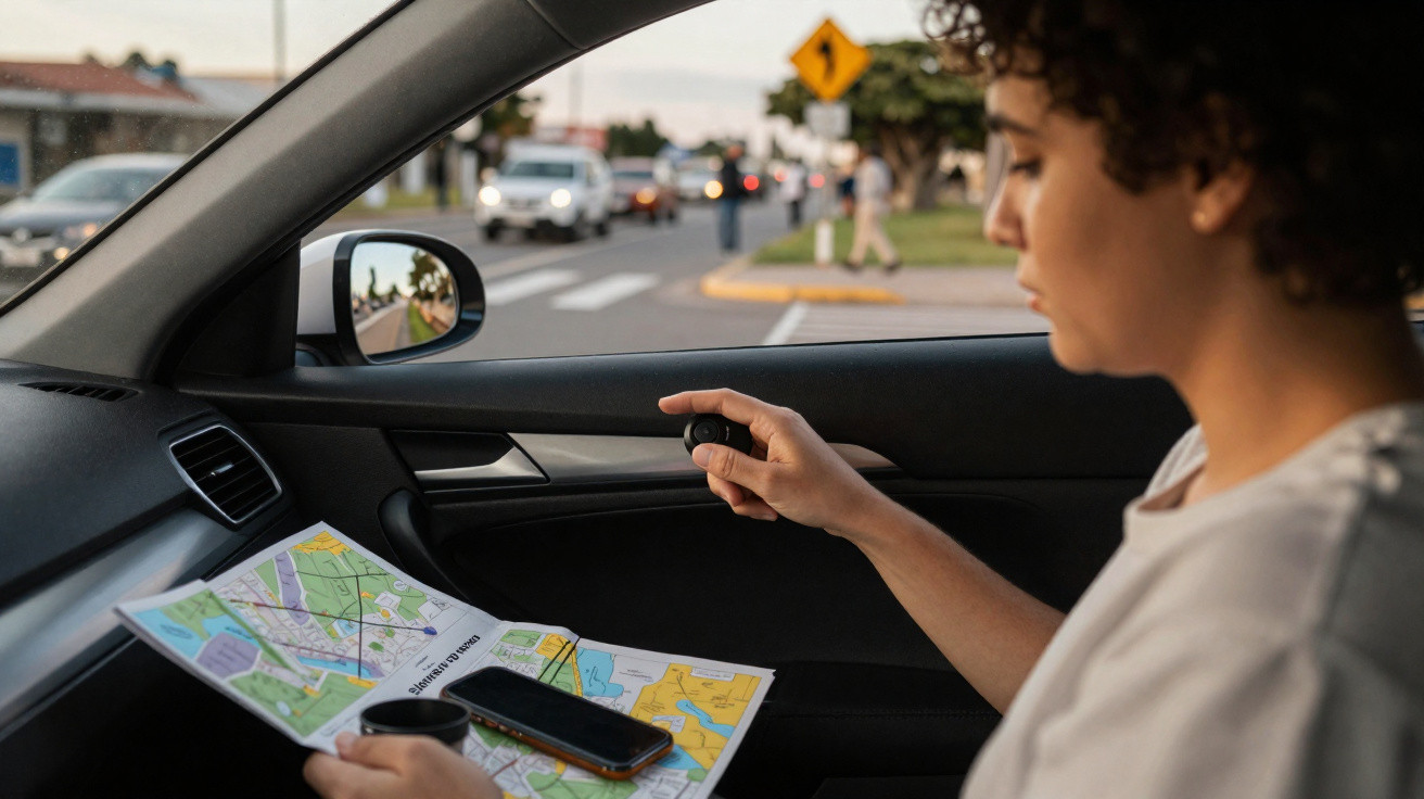 Pessoa no carro a olhar para um mapa, segurando chave e com telemóvel pousado no mapa.