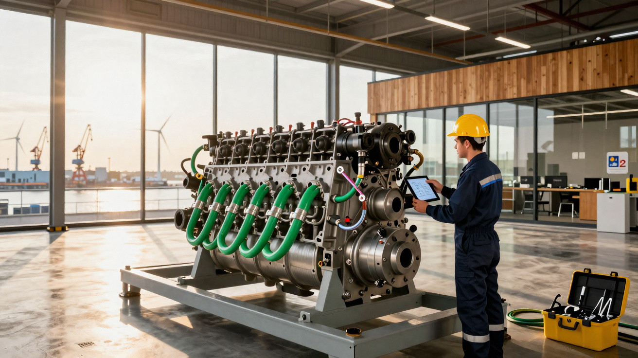 Engenheiro com capacete amarelo inspeciona motor grande com tubo verde numa oficina industrial moderna.