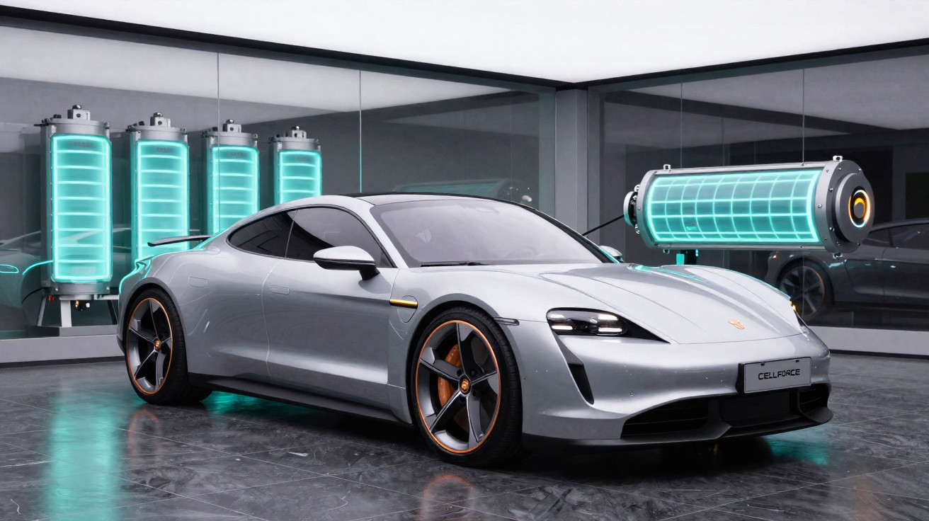 Carro desportivo elétrico prata estacionado numa sala com baterias de alta tecnologia em exposição.