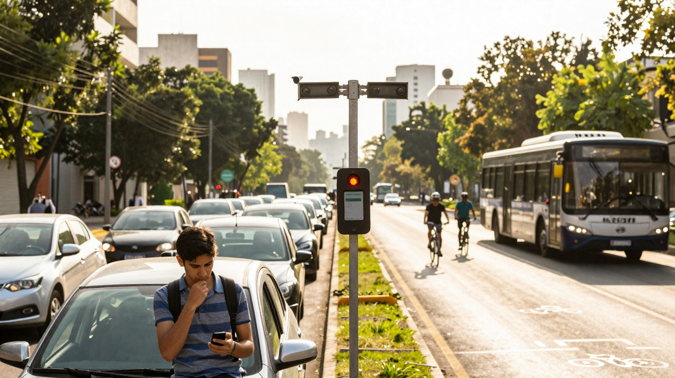 Rapaz com mochila encostado num carro parado num semáforo vermelho numa rua movimentada de cidade.