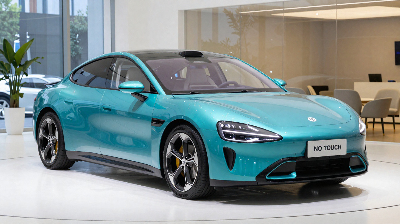 Carro elétrico desportivo azul turquesa exposto em salão moderno com placa "NO TOUCH".