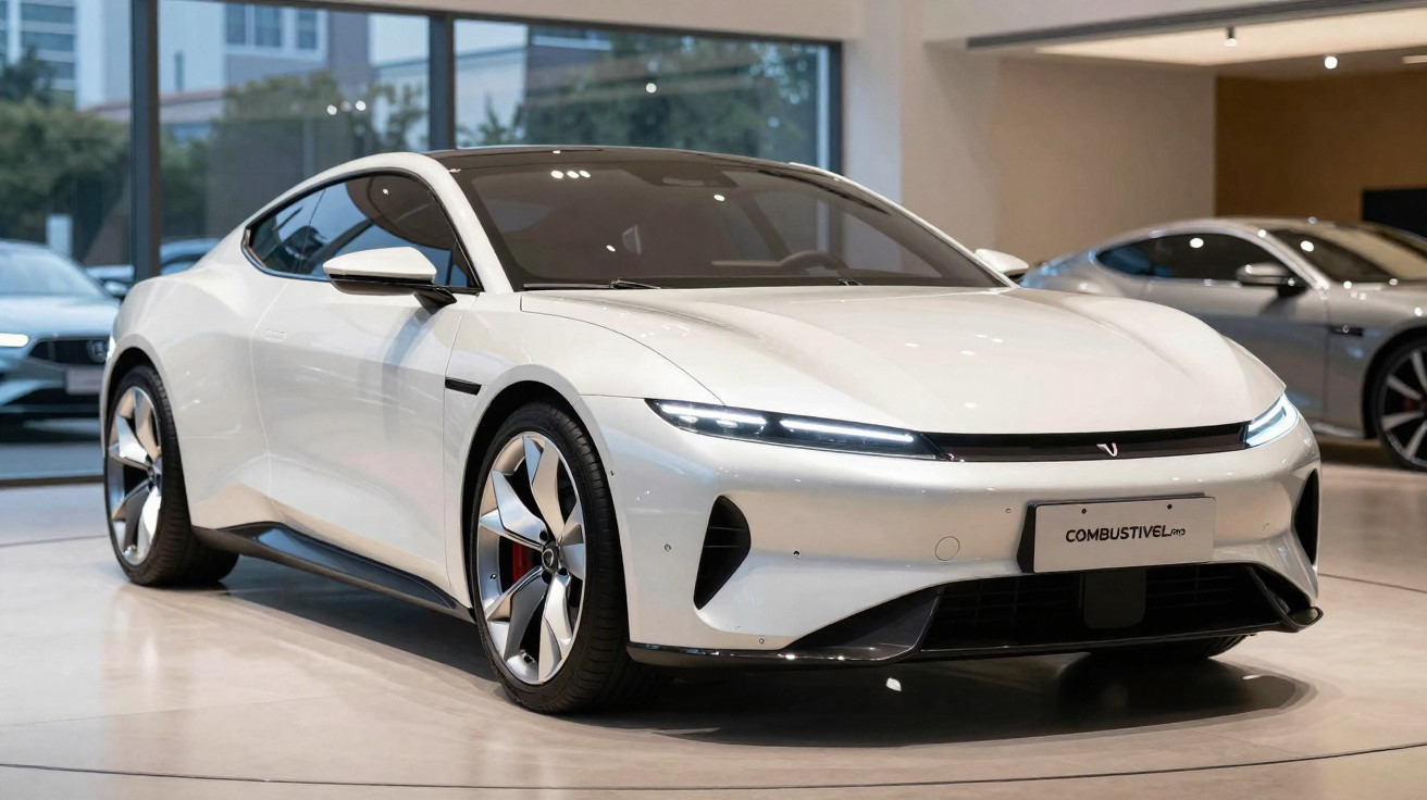Carro desportivo elétrico branco com design moderno e linhas aerodinâmicas numa exposição interior.