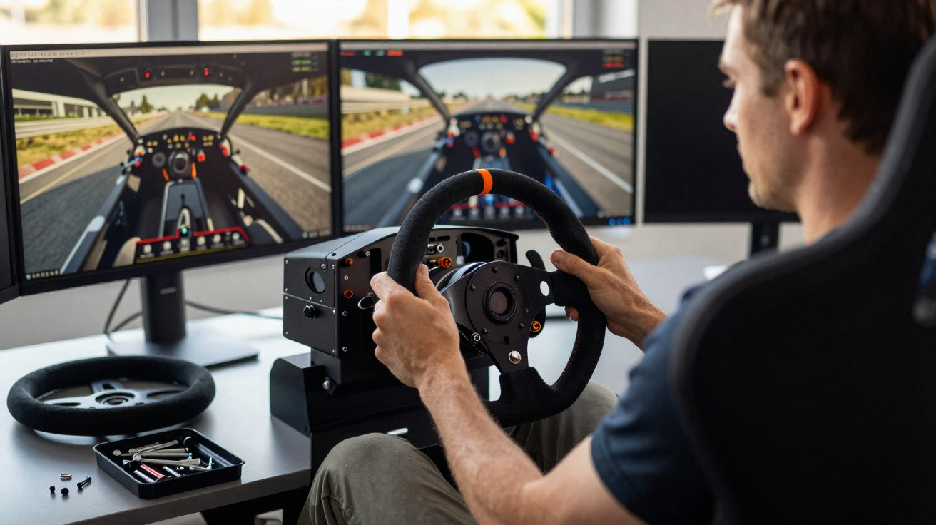 Homem a jogar simulador de corrida com volante e três ecrãs num ambiente interior.