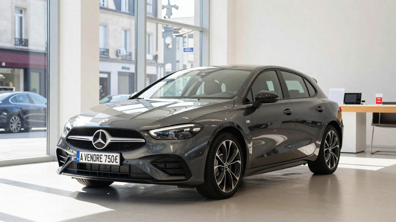 Carro Mercedes-Benz cinzento em exposição numa loja, placa frontal indica preço 750 euros.