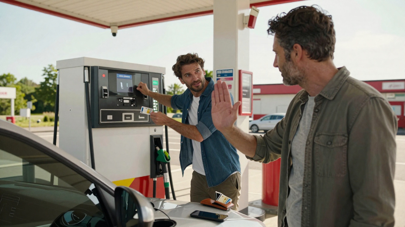 Dois homens numa bomba de gasolina, um a pagar e o outro a fazer sinal para parar.
