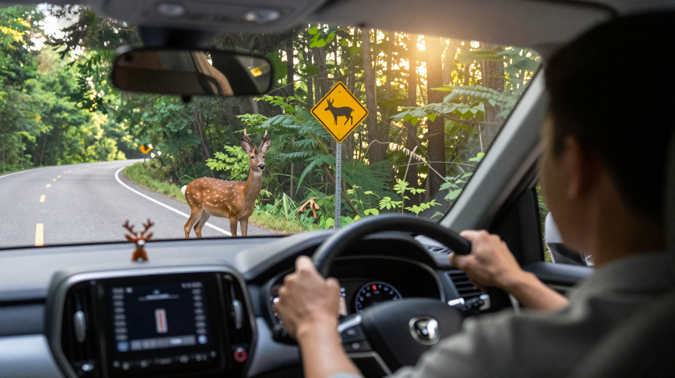 Condutor dentro de carro parado perante veado na estrada com sinal de alerta de animais selvagens.
