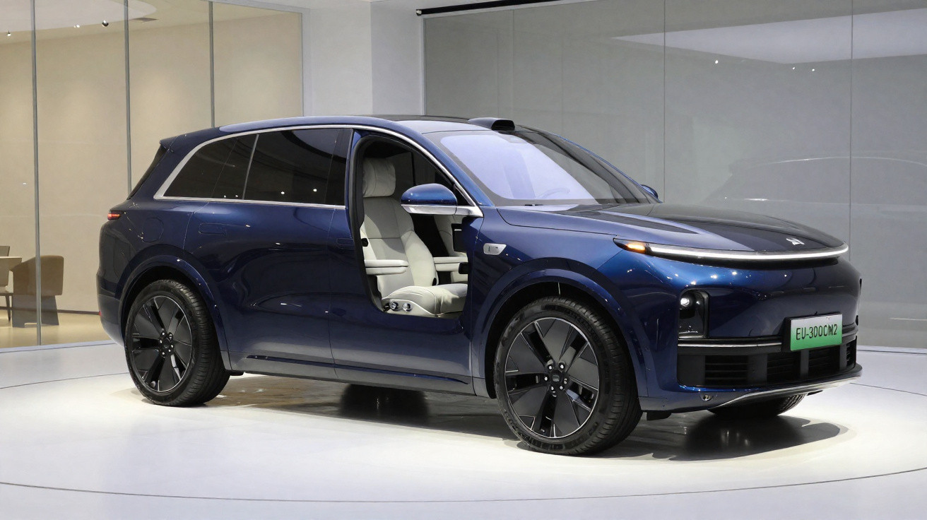 Carro elétrico SUV azul com a porta dianteira aberta e interior branco exibido em exposição.