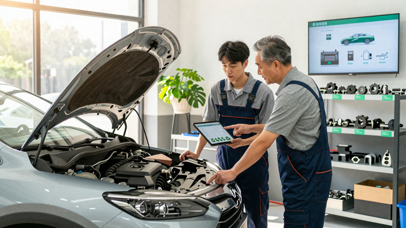 Dois mecânicos com fato de trabalho analisam dados num tablet junto a um carro com capot aberto numa oficina moderna.