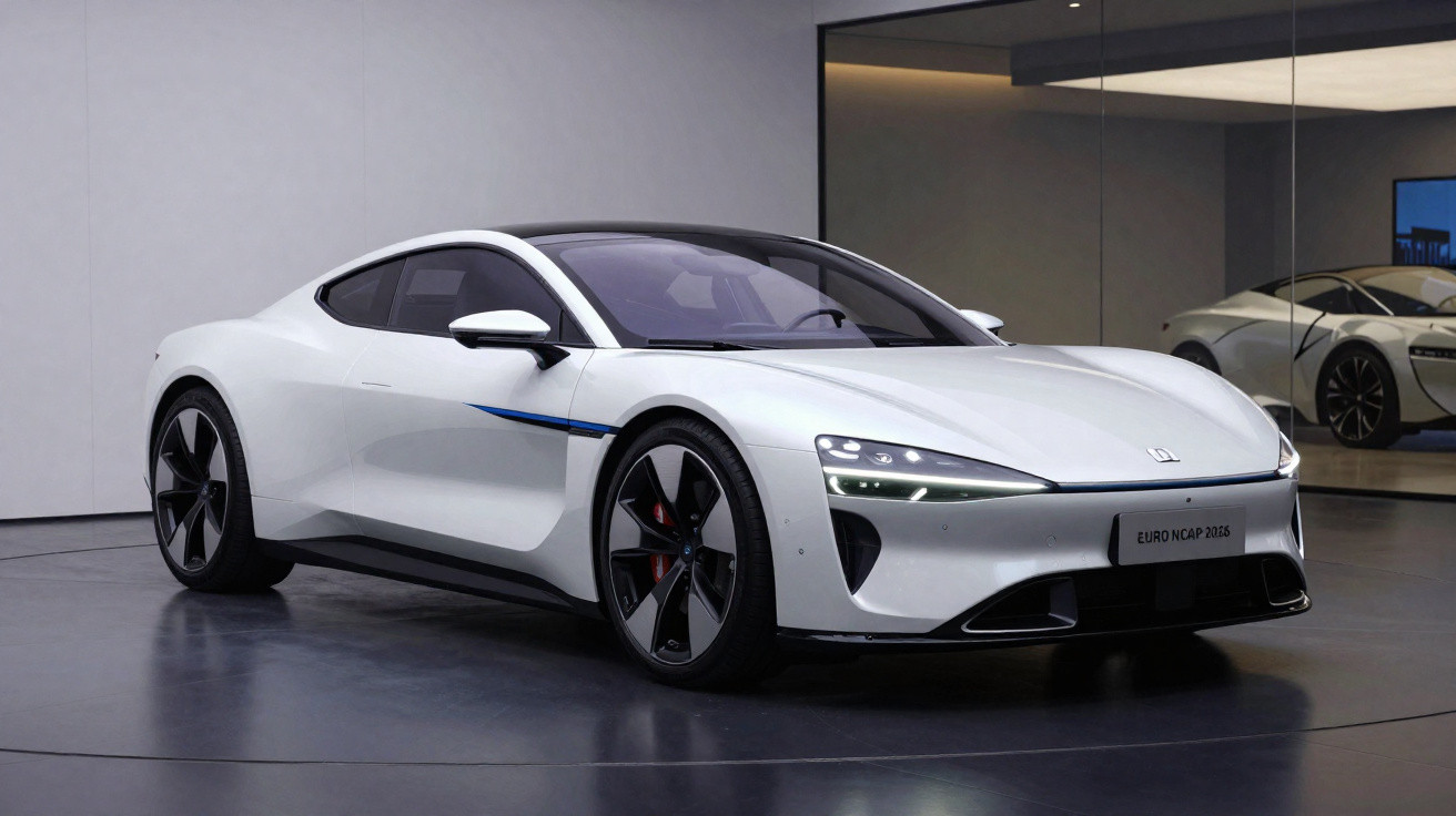 Carro desportivo elétrico branco moderno num espaço interior com chão cinza e espelhos ao fundo.