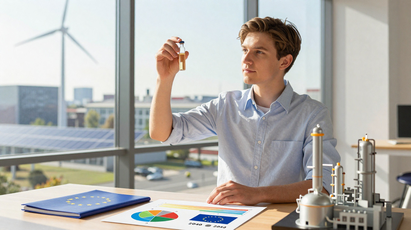 Homem a analisar amostra química num laboratório com gráficos e modelo de indústria sustentável na mesa.