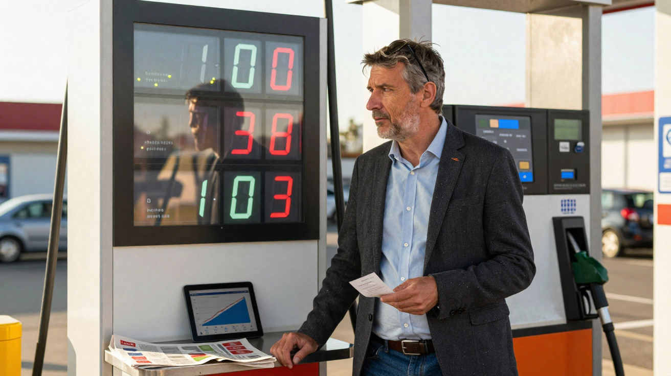 Homem de fato olha para preços da gasolina numa bomba de combustível numa estação de serviço.