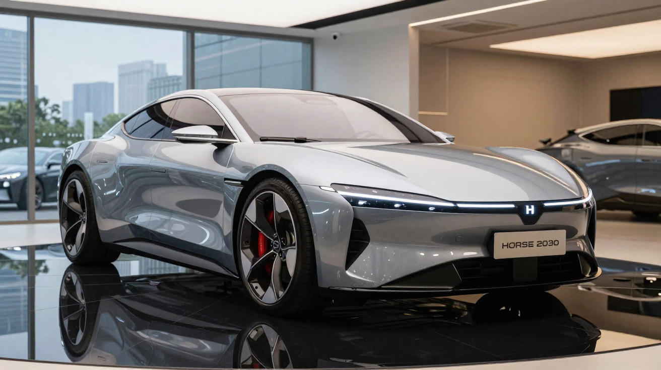 Carro desportivo elétrico cinza Horse 2030 com design futurista em showroom moderno.
