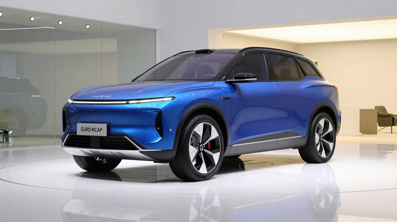 Carro eléctrico SUV azul exibido num salão moderno com parede de vidro e chaise longue castanha ao fundo.
