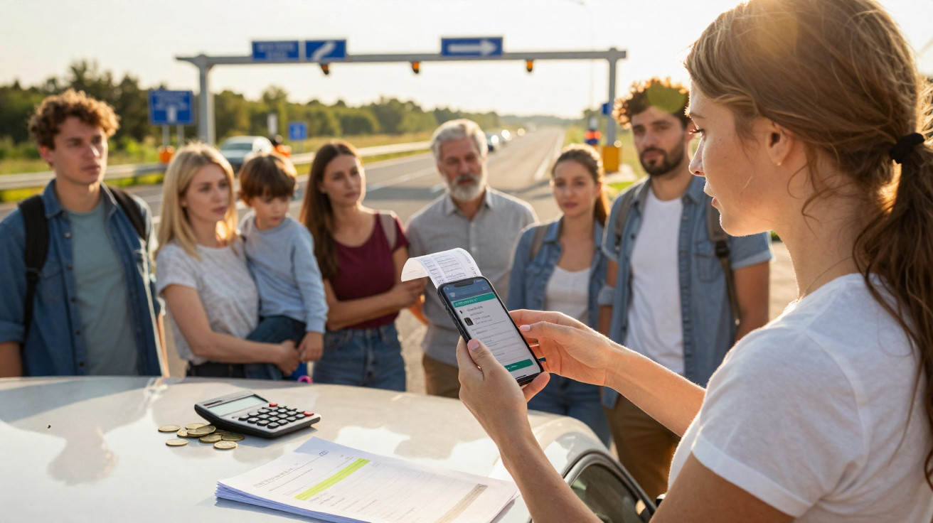 Mulher a calcular despesas com smartphone e calculadora, grupo de pessoas observa, parados ao lado de uma estrada.