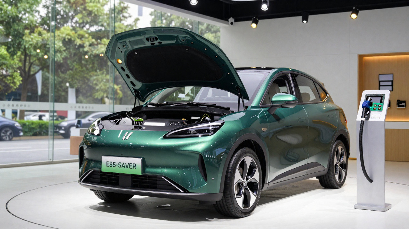 Automóvel elétrico verde com capô aberto e posto de carregamento numa exposição moderna.