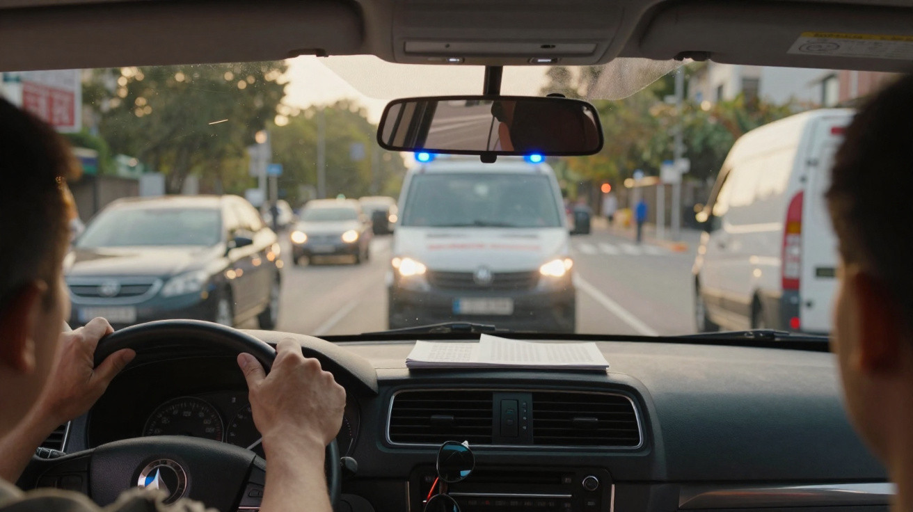 Condutor a parar para dar passagem a ambulância com luzes azuis numa rua urbana movimentada.