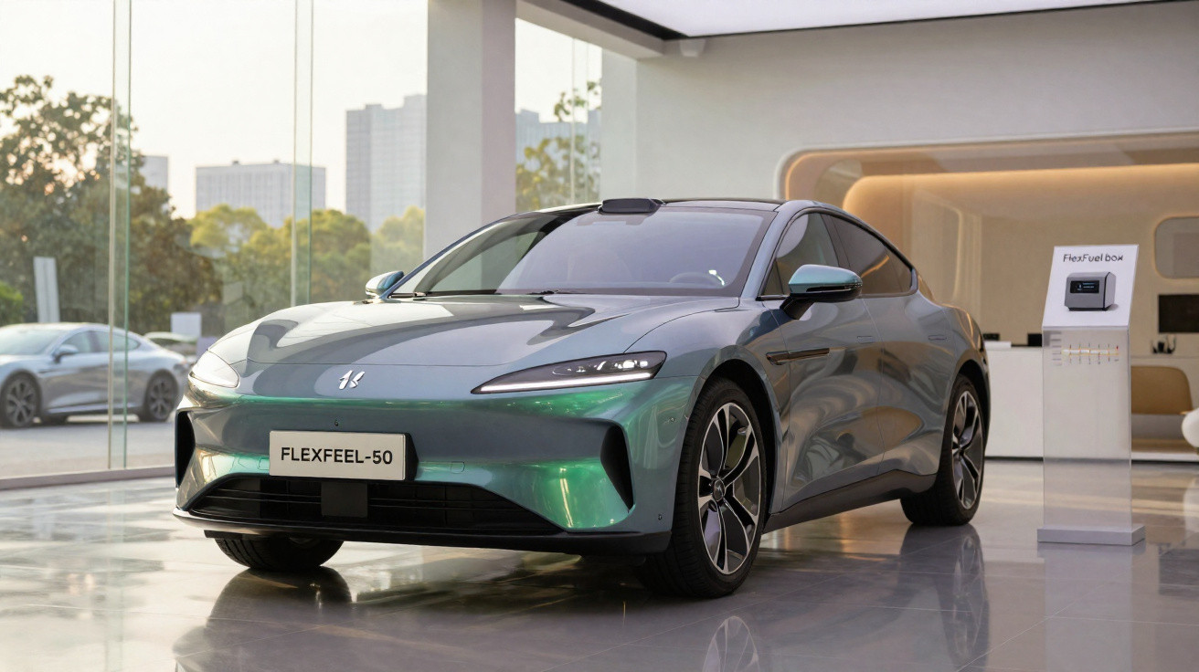 Carro eléctrico moderno cinza metálico exposto em showroom com grandes janelas de vidro.