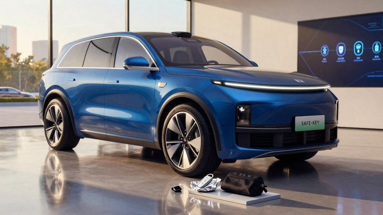 Carro elétrico SUV azul estacionado em showroom moderno com acessórios tecnológicos à frente.