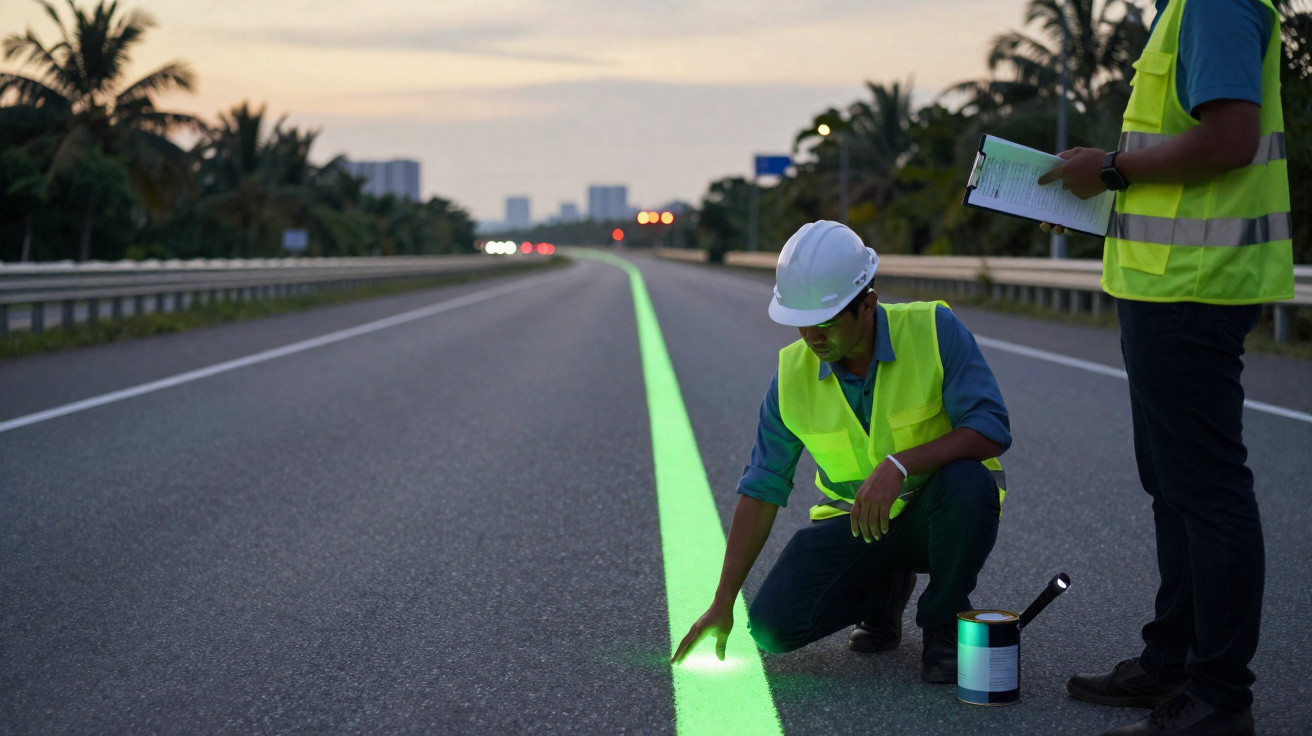 Dois trabalhadores de colete refletor pintam uma linha verde luminosa no meio de uma estrada ao anoitecer.