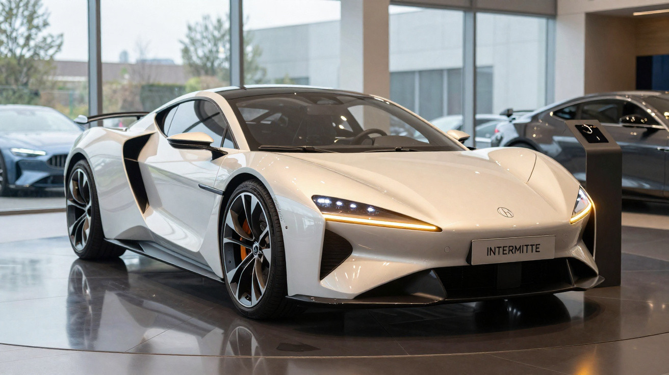 Carro desportivo branco com design futurista exposto em ambiente interior moderno.