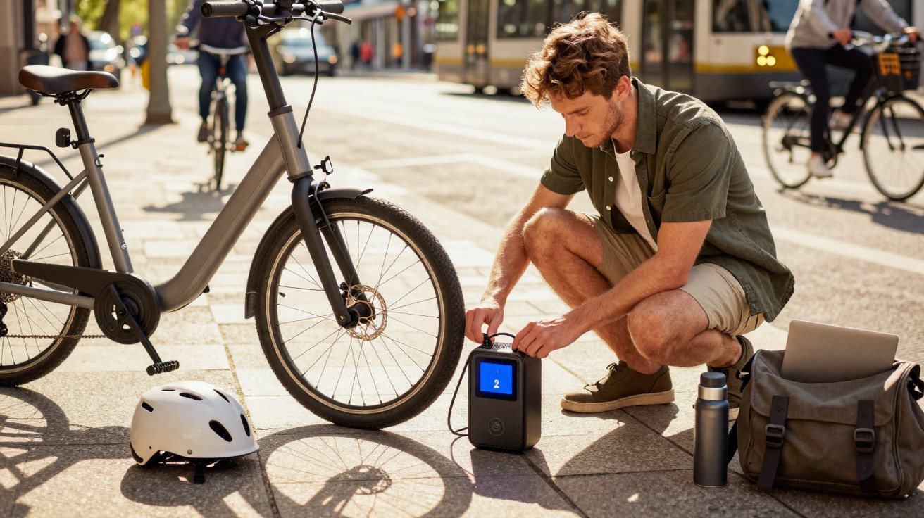 Homem usando bomba elétrica para encher pneu de bicicleta numa rua movimentada com boné, mochila e garrafa térmica ao lado.