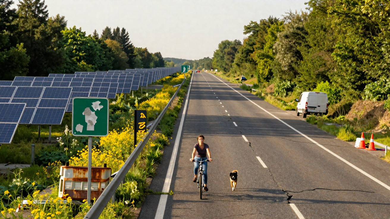 Pessoa a andar de bicicleta acompanhada por um cão numa estrada junto a painéis solares e vegetação.