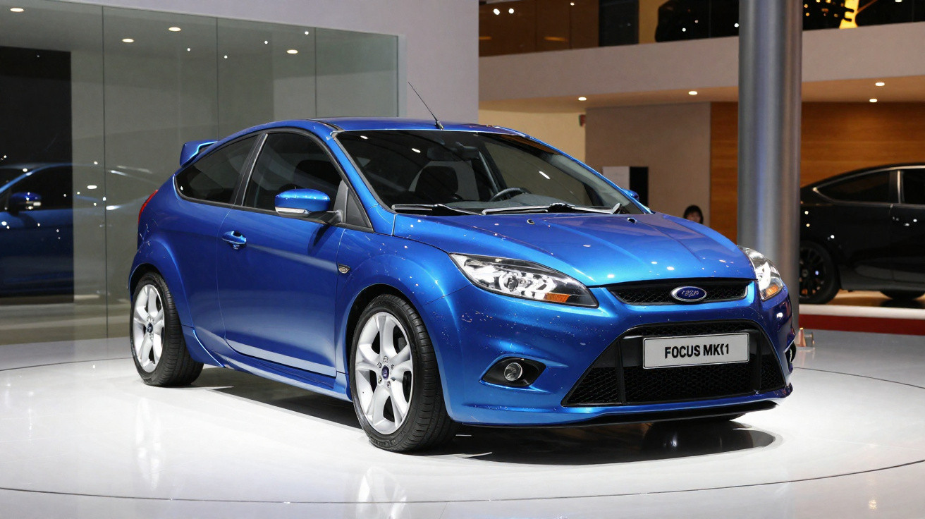 Carro desportivo azul Ford Focus MK1 exibido numa plataforma circular luminosa num salão automóvel.
