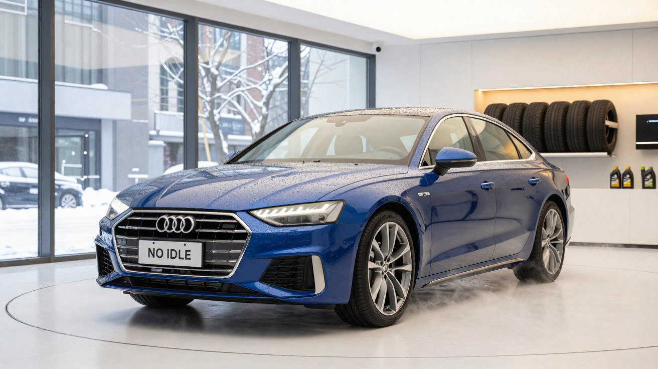 Carro Audi azul estacionado em showroom com pneus e produtos na parede e janela grande com vista para neve.