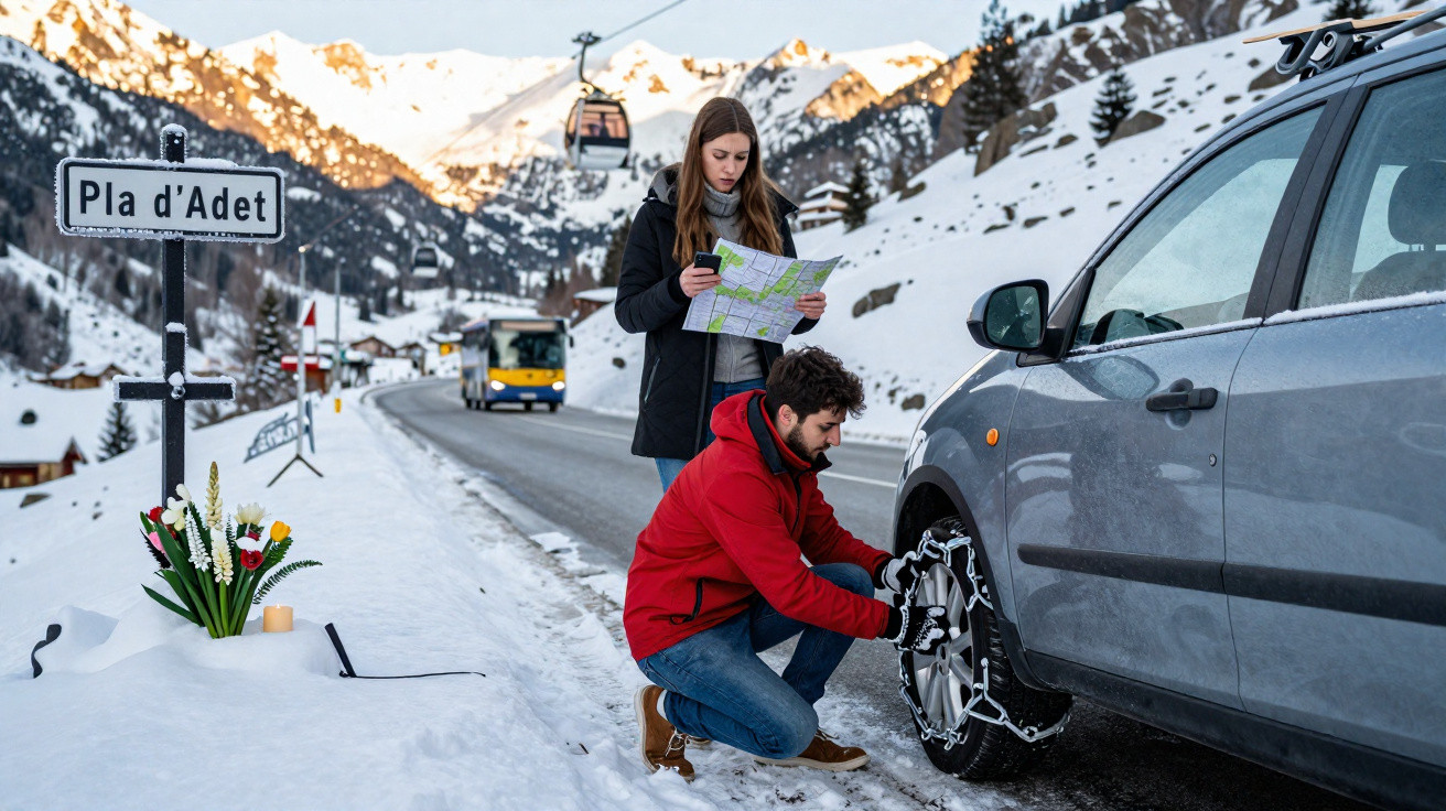 Casal numa estrada nevada junto a placa Pla d’Adet, homem a colocar correntes no carro e mulher a ler mapa.