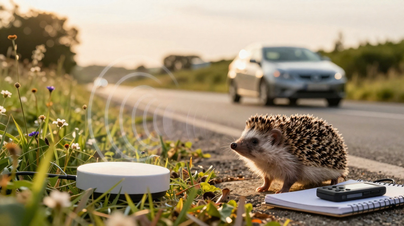 Ouriço junto à estrada próximo de dispositivo circular, caderno e telemóvel com carro ao fundo ao pôr do sol.