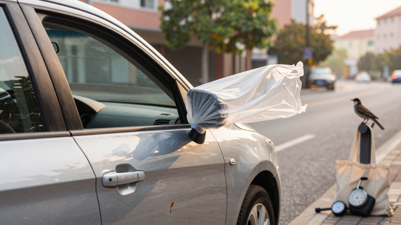 Espelho retrovisor de carro coberto com saco plástico para proteção na rua urbana.