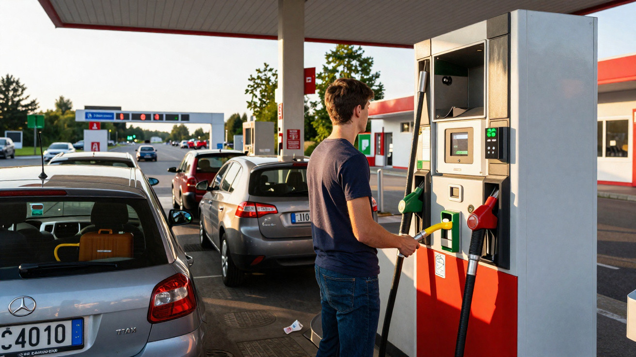 Homem a abastecer carro numa bomba de combustível num posto de gasolina com vários carros em fila.