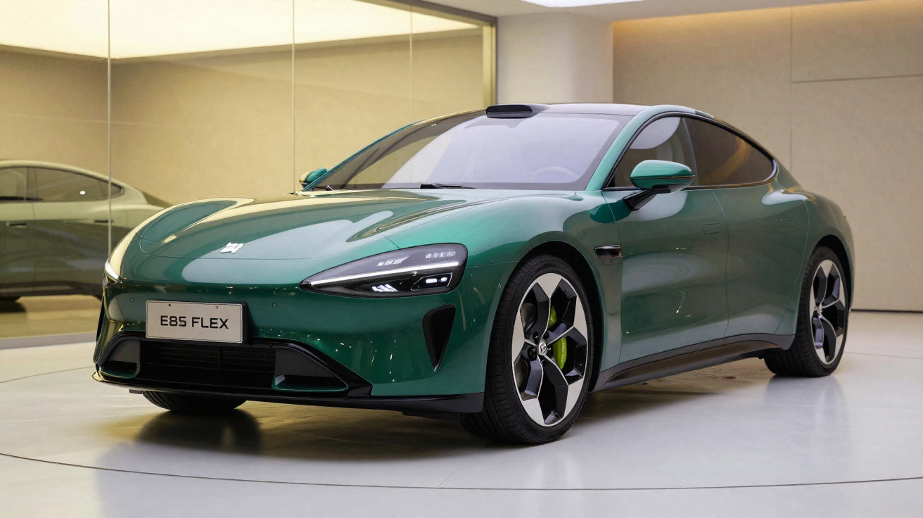 Carro desportivo verde EBS FLEX estacionado em interior moderno com espelho na parede.