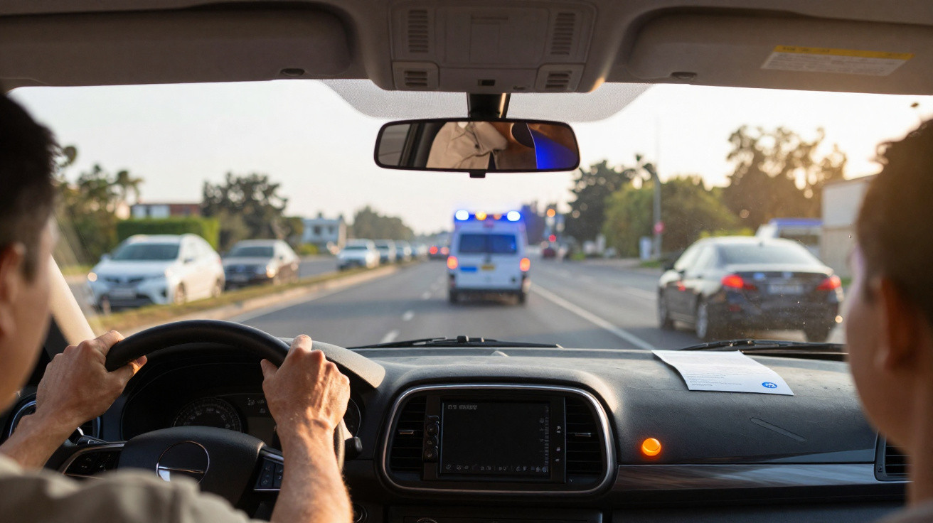 Interior de carro com condutor e passageiro, vista para estrada e ambulância com luzes ligadas à frente.