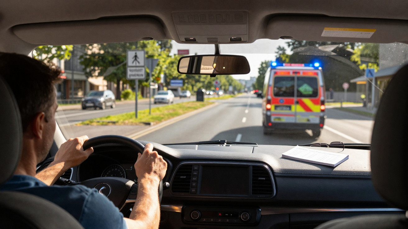 Condutor de carro segue atrás de ambulância com luzes ligadas numa rua urbana ensolarada.