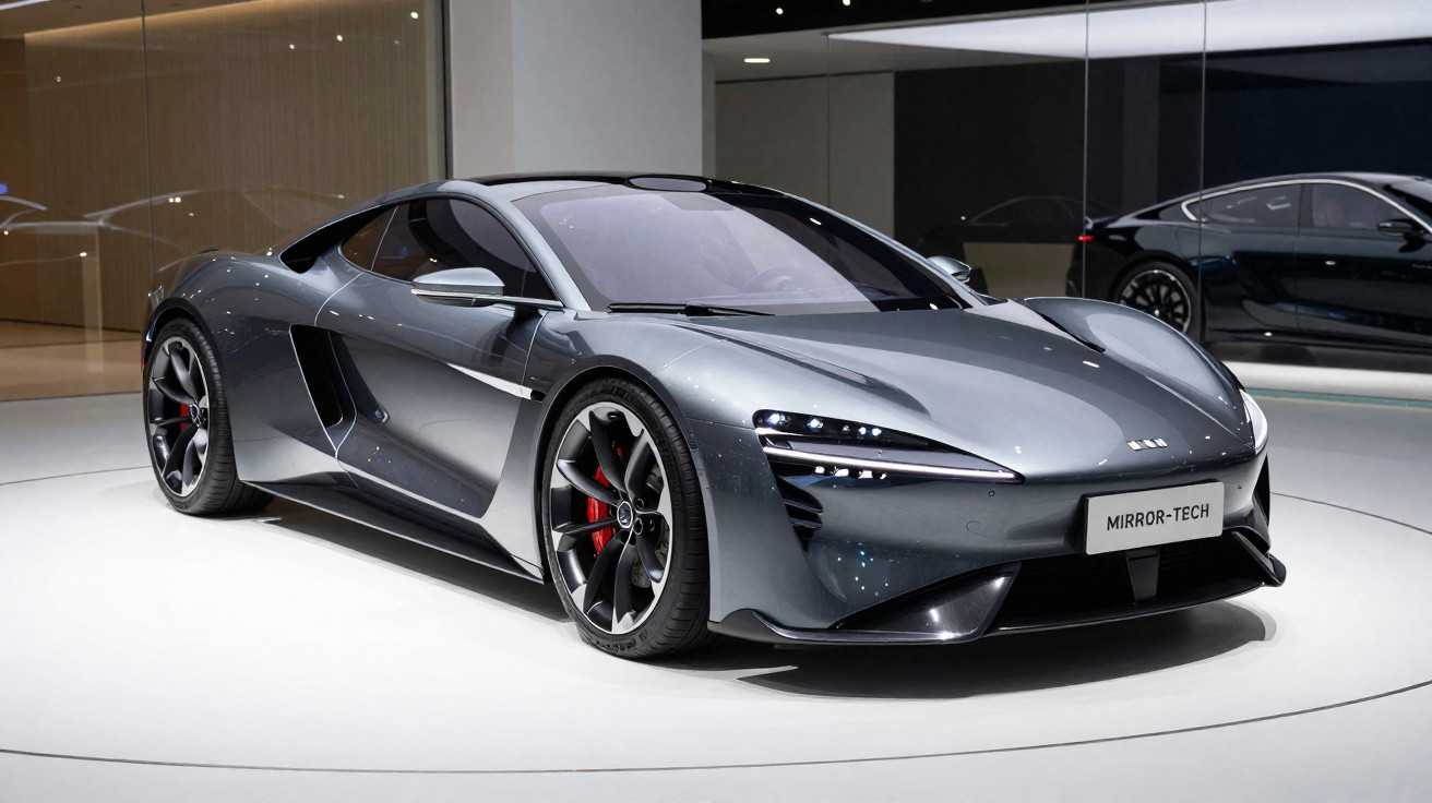 Carro desportivo cinzento metálico com design futurista exposto em salão automóvel.