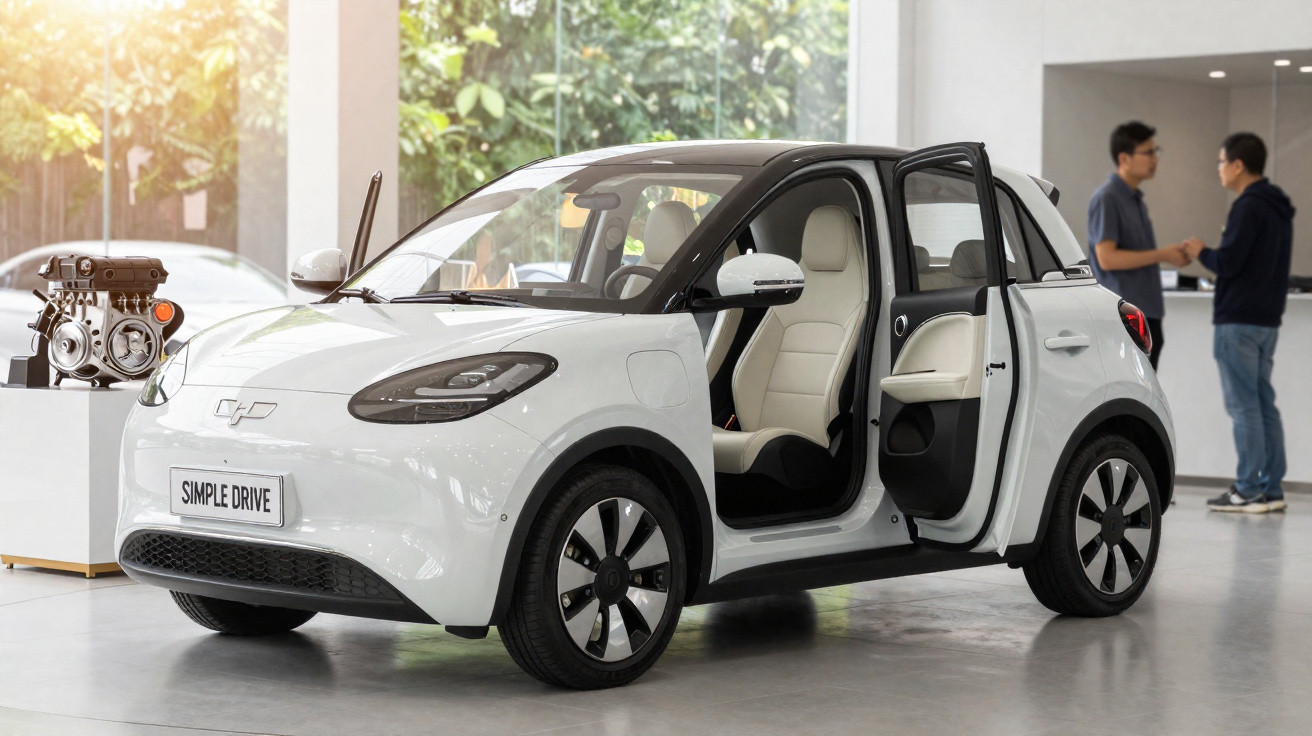 Carro elétrico branco com portas abertas exposto em salão com pessoas ao fundo.