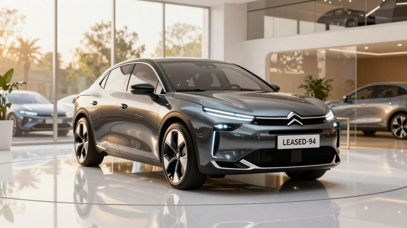 Carro elétrico Citroën moderno cinza exibido numa sala de exposição iluminada com grandes janelas.