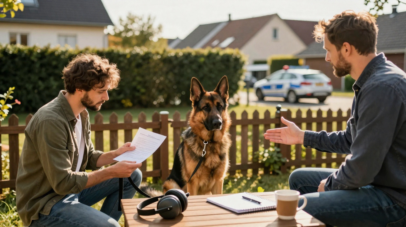 Dois homens sentados numa mesa de jardim com um cão pastor alemão entre eles numa conversa ao ar livre.