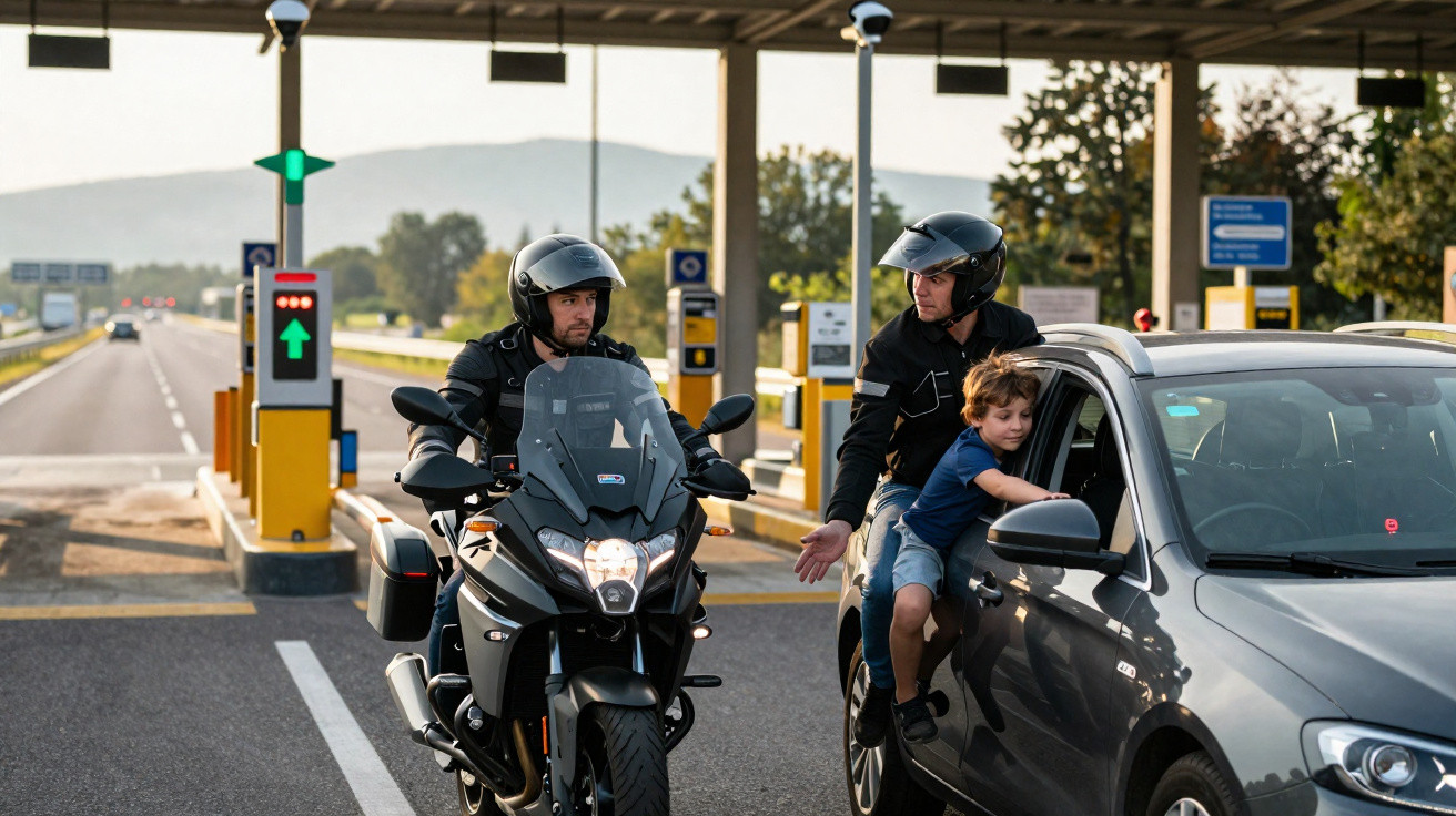 Dois agentes da autoridade de moto e um menino a interagir com o condutor numa portagem.