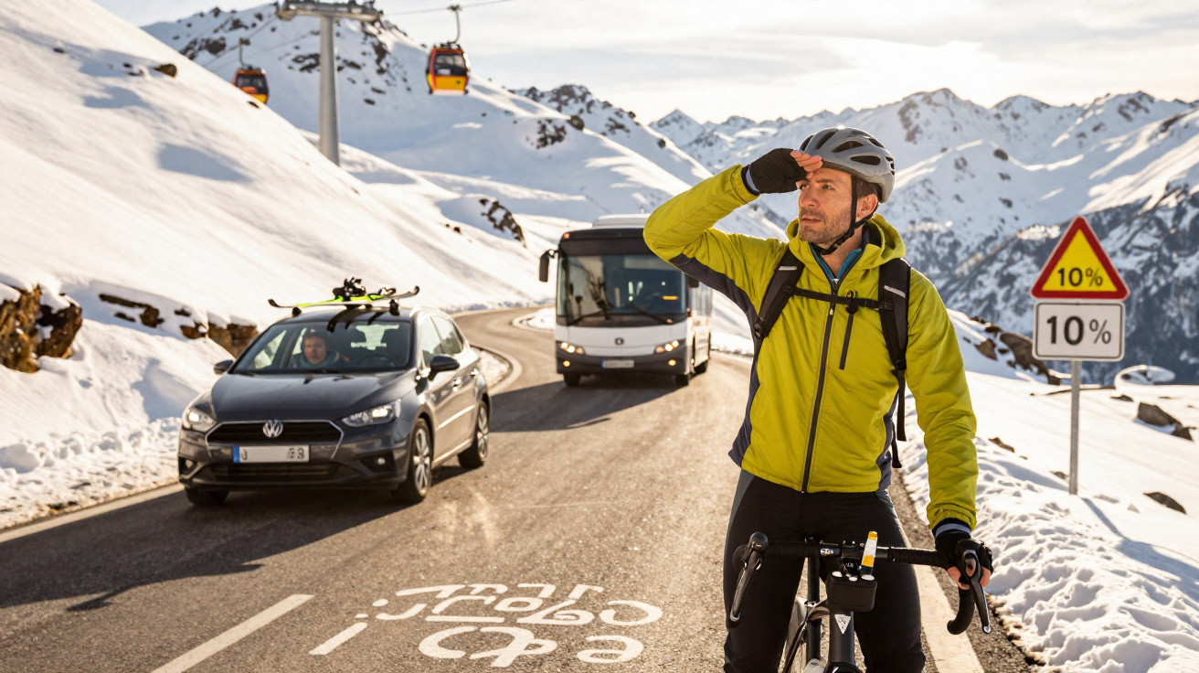 Homem de capacete e roupa desportiva junto a bicicleta numa estrada de montanha com neve e sinais de trânsito.