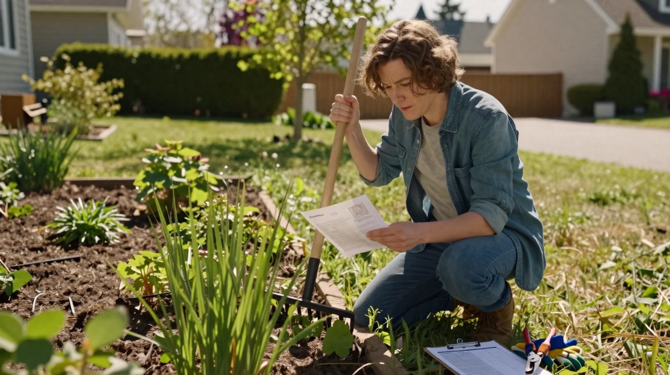 Jovem a jardinar, segurando um papel e uma enxada, com ferramentas e clipboard no chão ao sol.