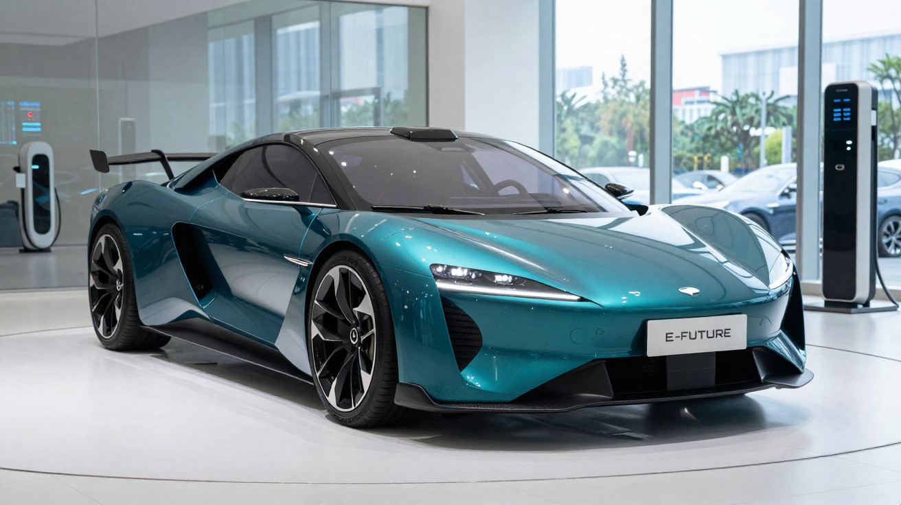 Carro desportivo elétrico azul exibido em showroom moderno com estação de carregamento ao fundo.