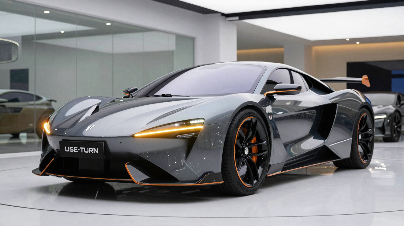 Carro desportivo cinzento metálico com detalhes laranja em exposição num salão moderno e minimalista.