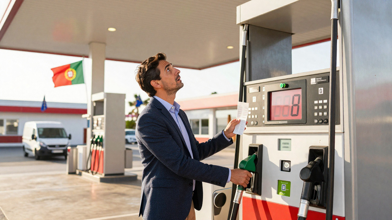 Homem de fato abastece carro numa bomba de gasolina em posto com bandeira de Portugal ao fundo.