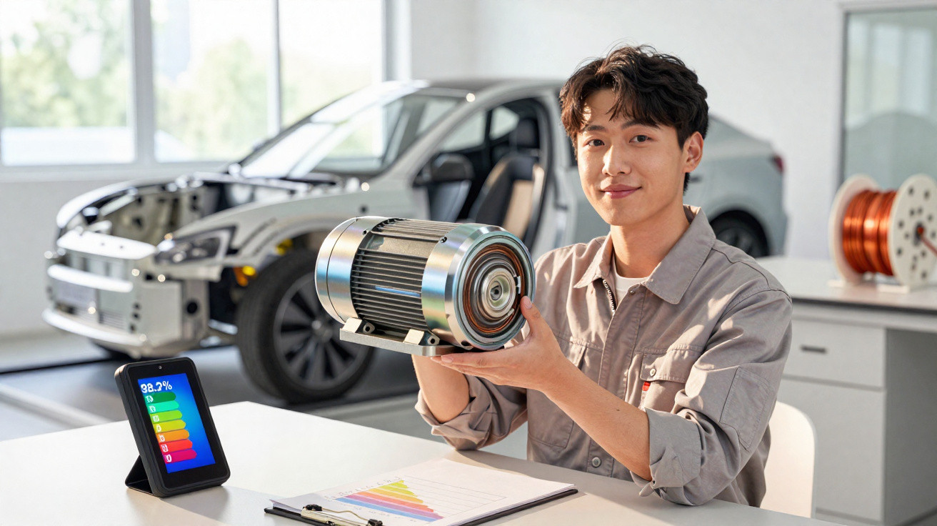 Homem segurando motor elétrico numa oficina com carro desmontado ao fundo e gráfico de eficiência energética na mesa.
